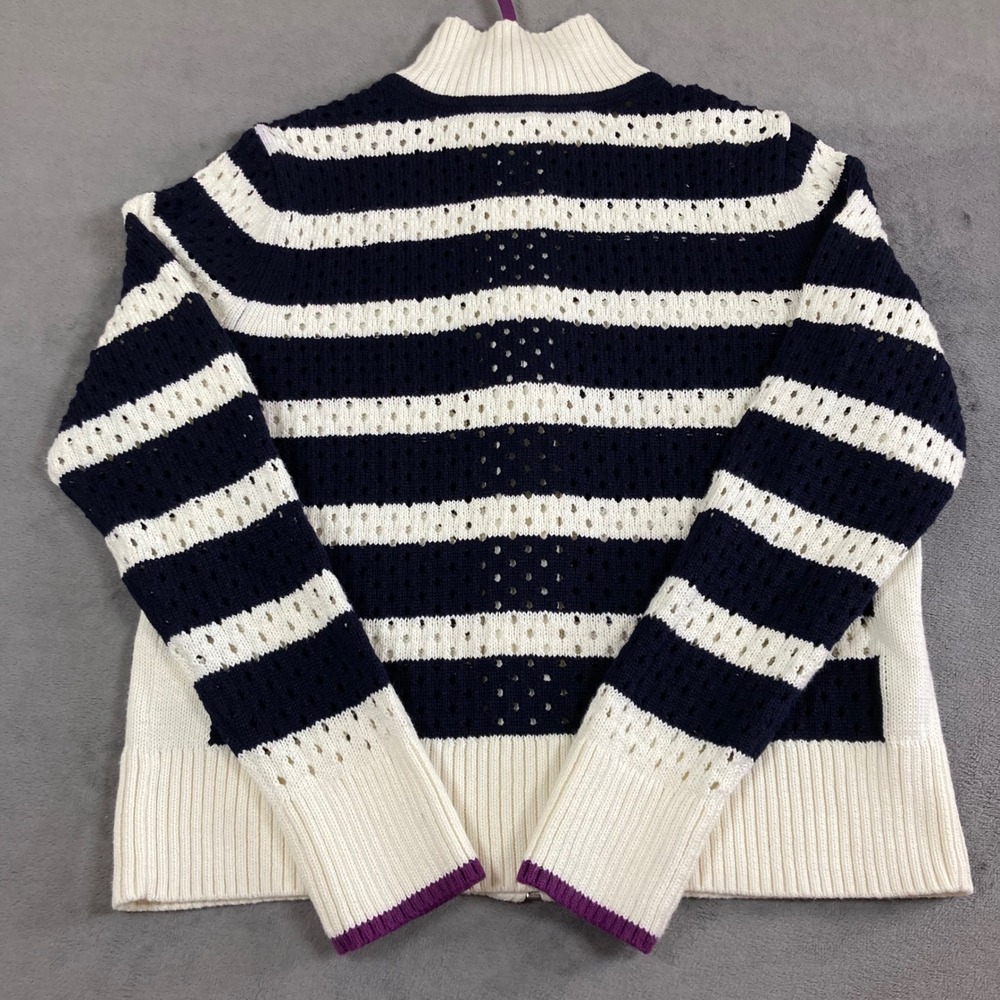T by Talbots Womens Small Petite Navy White Striped Coolmax Zip Cardigan - Picture 4 of 7